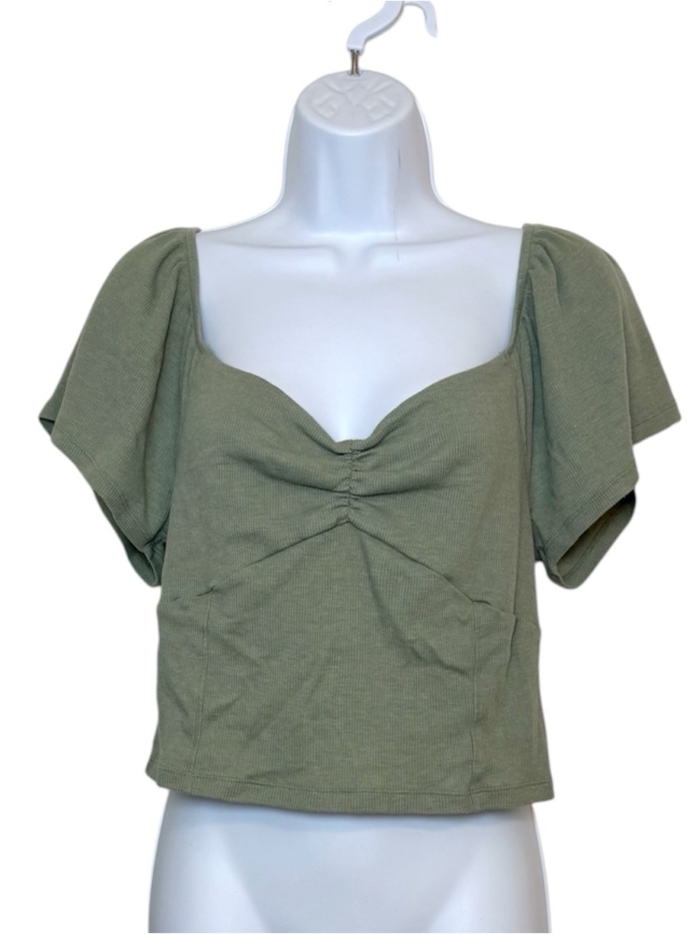 American Eagle Olive Green Ribbed Sweetheart Neck Puff Sleeve Crop Top Large